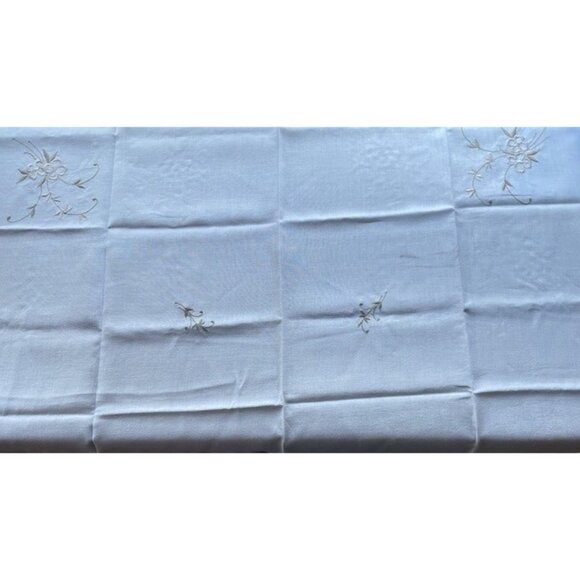 Vintage Cream Linen Tablecloth & 4 Napkins – Hand Embroidered Taupe Floral - Picture 5 of 6